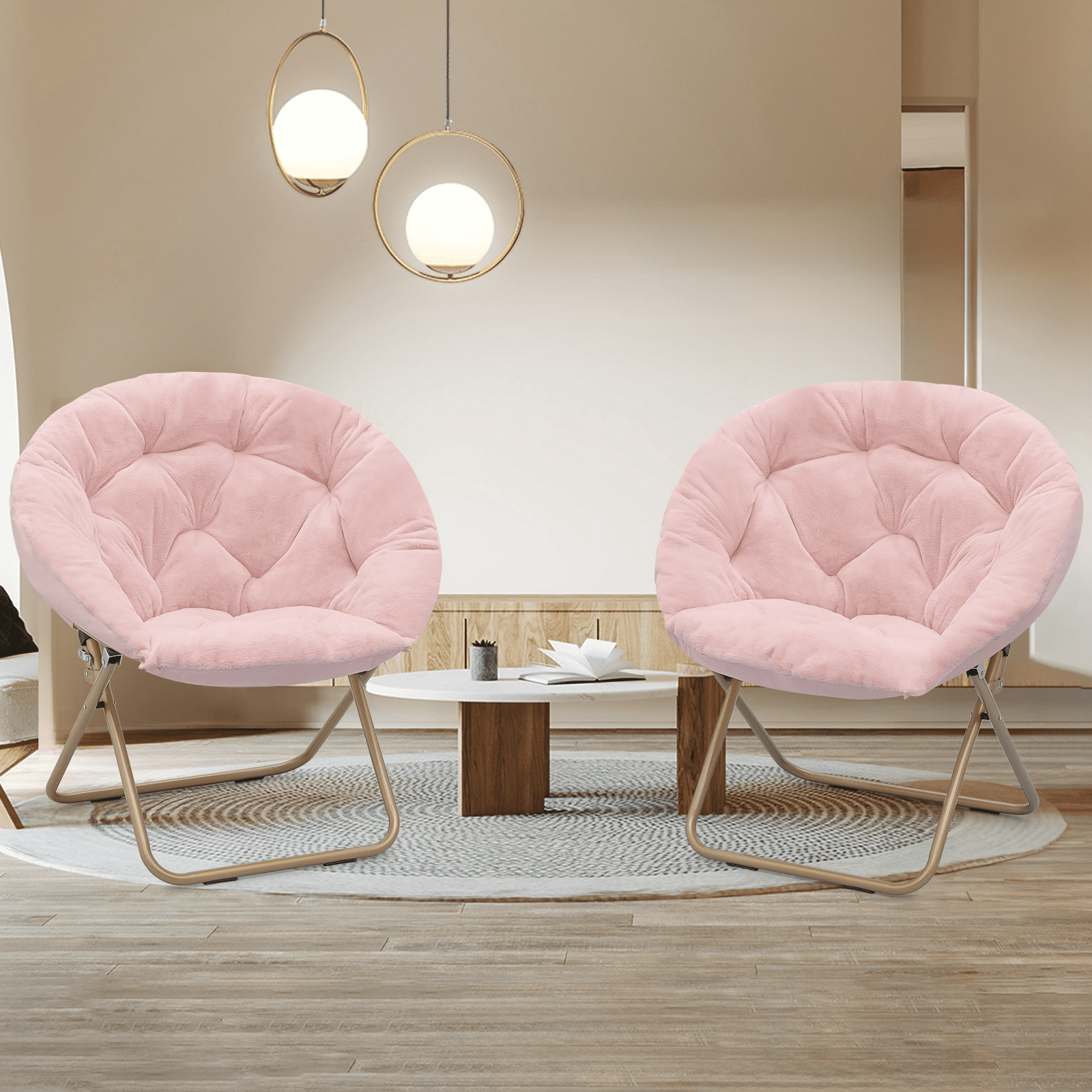 Magshion Set of 2 Saucer Chair Soft Faux Fur Folding Accent Chair, Lounge Lazy Chair Moon Chair Seat with Metal Frame for Bedroom Living Room, Pink
