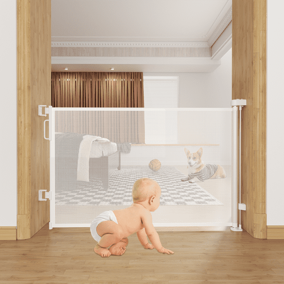 Magshion 34" Tall Retractable Mesh Baby & Dog Pet Safety Gate for Stairs & Doorways, Extends to 64" Wide - Indoor & Outdoor Child Gates for the House, White