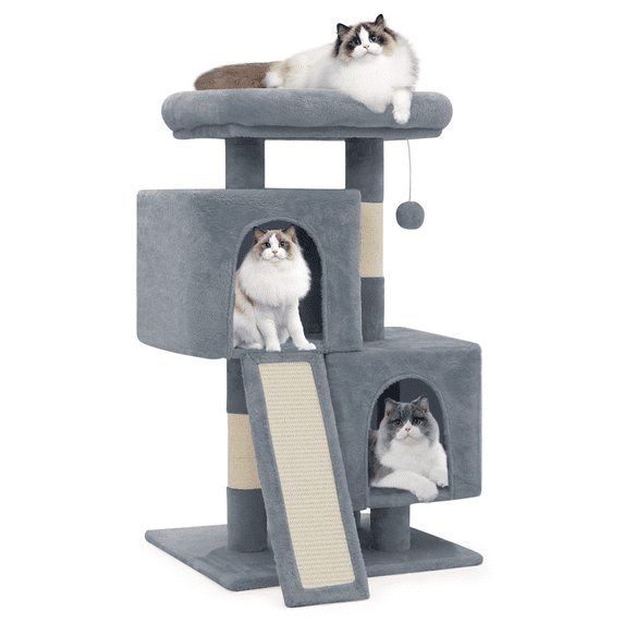 Magshion 34-in Cat Tree & Kittens Play House, Double Level Plush Cat Condo for Indoor Cats, Light Gray