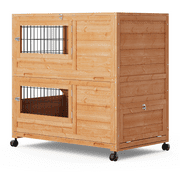 Magshion 35.5" Rabbit Hutch with Wheel, Weatherproof Wooden Guinea Pig House for Small Animal with 2 Slide-Out Trays, Natural