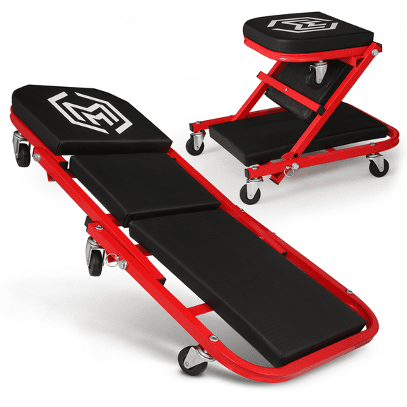 Magshion 36-Inch Folding Creeper Rolling Seat, 2-in-1 Adjustable Roller Garage Chair, Lay Down or Sit, 330LBS Capacity Under Car Roller Creeper with 6 Swivel Casters, Red