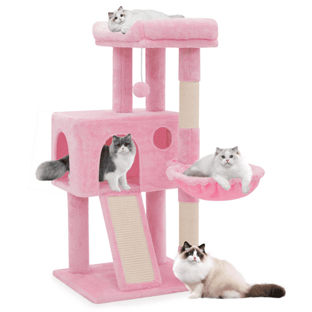 Magshion 36" Small Cat Tower, Cat Tree with Sisal Scratching Posts/Ramp and Hammock, Soft Pink