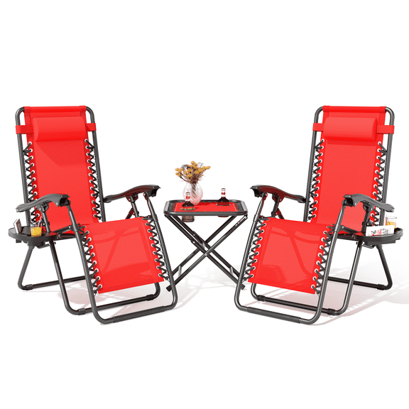 Magshion Folding Zero Gravity Chairs Set of 2, Outdoor Reclining Camping Chairs, Patio Lounge Recliners with Side Table & Cup Holder Tray, Red