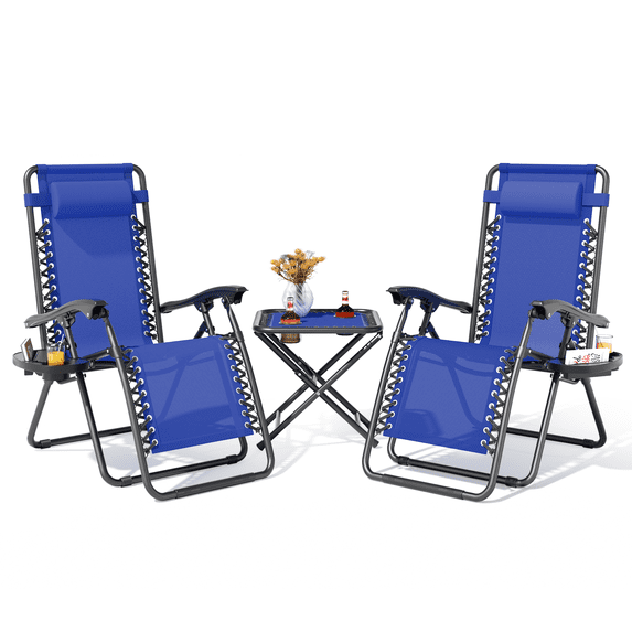 Magshion Folding Zero Gravity Chairs Set of 2, Outdoor Reclining Camping Chairs, Patio Lounge Recliners with Side Table & Cup Holder Tray, Blue