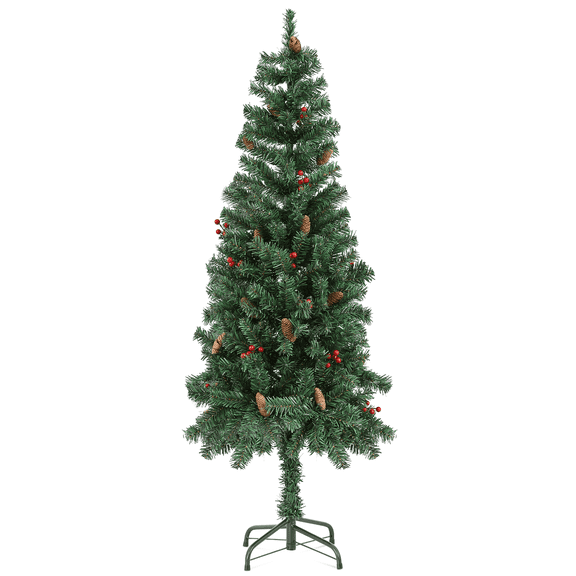 Magshion 4.5 Ft Pencil Christmas Tree with Pine Cones & Red Berries, 345 PVC Branches Artificial Slim Xmas Tree for Home, Office, Christmas Party, Green
