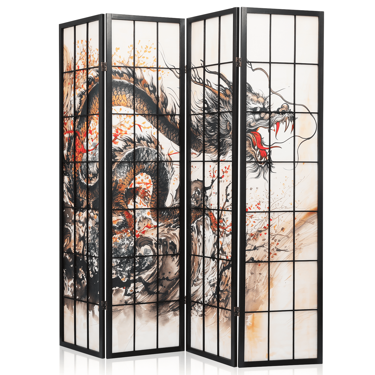 Black and White Dragon Pattern 4-Panel Wood Folding Room Divider