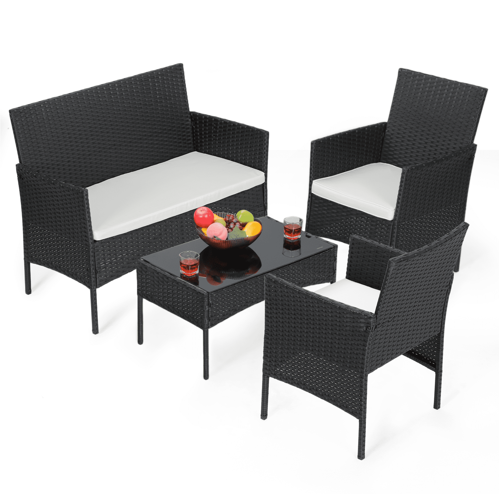 Black and Beige 4-Piece PE Rattan Wicker Patio Set with Cushions