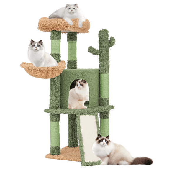 Magshion 42'' Cactus Cat Tree for Indoor Cats, Cat Tower Cat Condo with Sisal Scratching Ramp, Ladder, Cozy Hammock and Top Bed Perch for Kittens, Green