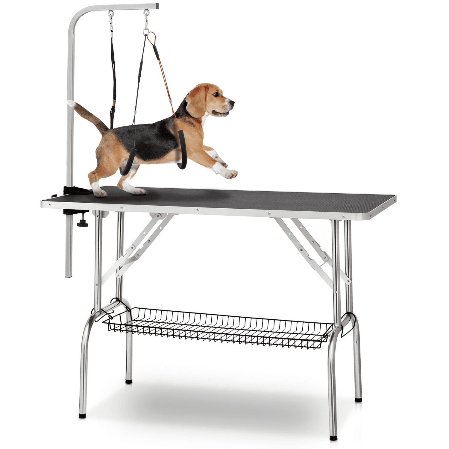 Black Foldable Pet Grooming Table with Adjustable Arm and Shelf