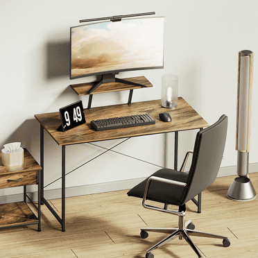 Magshion 47" Computer Desk, with Fixed Monitor Stand, Black Metal Frame, Cinnamon Cherry Wood Table Top