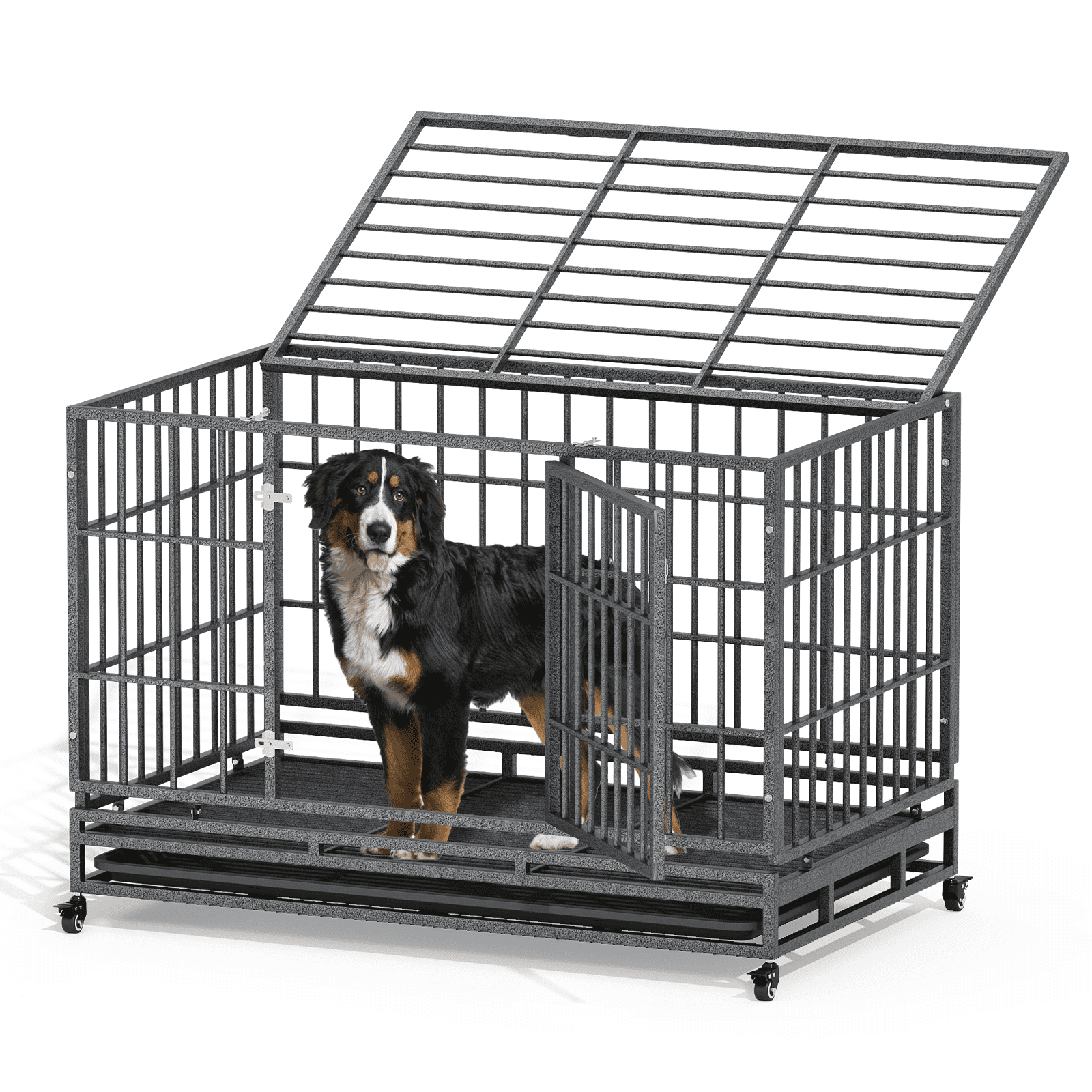 Magshion 48.5" Large Alloy Steel Heavy Duty Indestructible Dog Crate, Escape-Proof Dog Crate Cage Kennel for Large Dogs, Double Door Dog Crate with Removable Crate Trays and Wheels, Dark Silver