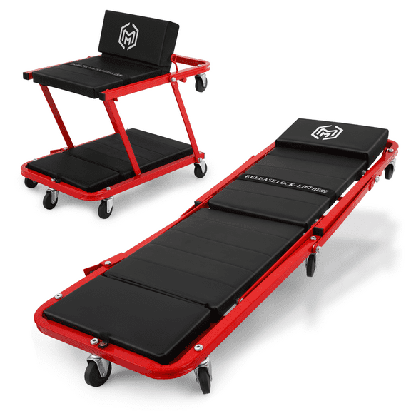 Magshion 48" Red Portable Heavy-Duty 2-in-1 Low Profile Z Creeper W/ Backrest, 330 lbs Capacity with Casters
