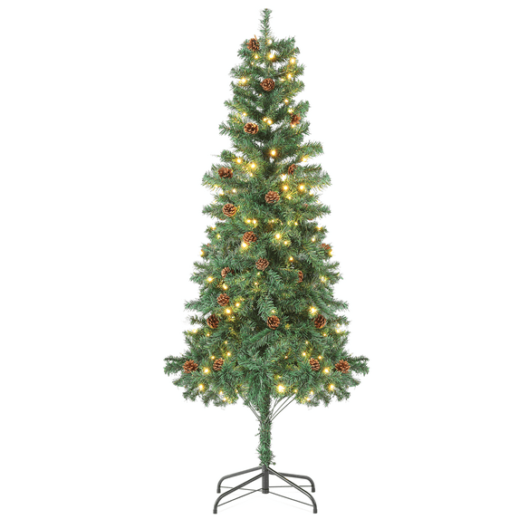 Magshion 5.5FT Artificial Christmas Tree with 670 PVC Branches, 200 Warm White LED Light and 47 Pine Cones for Home, Office Xmas Party, Green