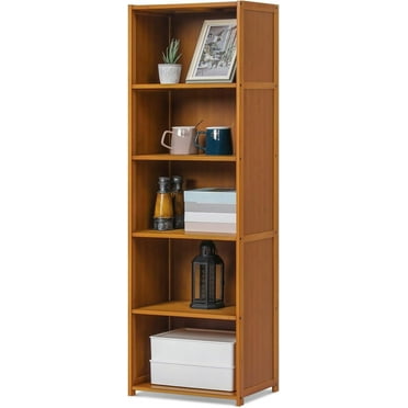 Magshion 5-Tier Narrow Bookcase Brown Bookshelf Media Tower Rack, Bamboo Book Case Slim Storage Cabinet, Floor Standing Tall Slim CDs Display Case Bookshelf for Home Office, 15.7" L x 11.4" W x 50" H