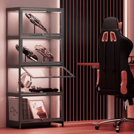 Magshion 55" 4-Tier Transparent Display Cabinet with Flip Up Door, Curio Cabinet Collection Showcase with Handle, Floor Standing Bookshelf for Living Room Bedroom Home Office