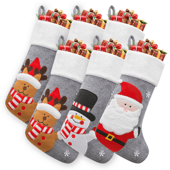 Magshion 6 Pack Christmas Stockings, 15'' Xmas Stockings with stunning embroidery Snowflake Santa Snowman Reindeer and Thickened Non-Woven material for Stairs Fireplace Hanging Xmas Home Décor