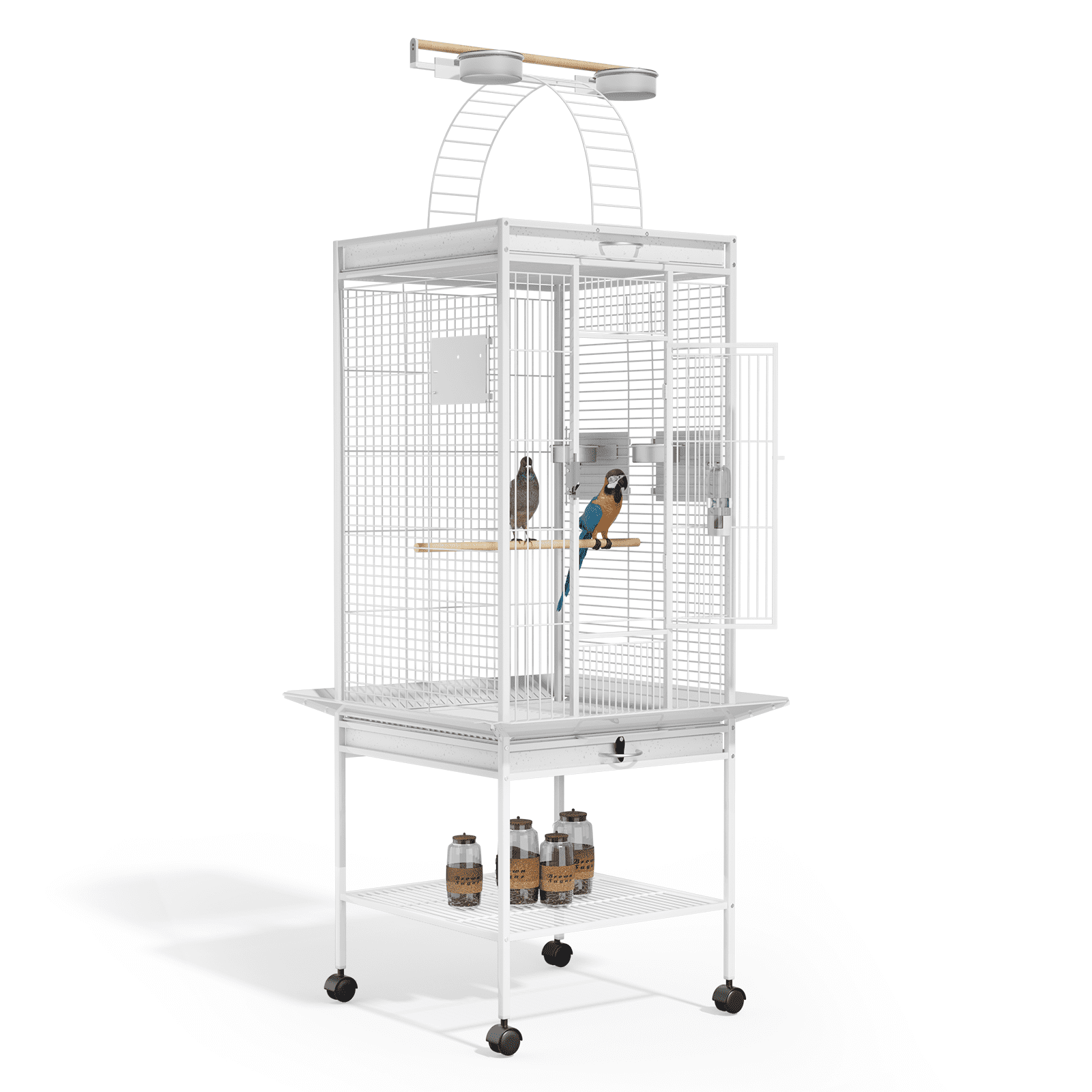 White Wrought Iron Large Bird Aviary with Play Top and Stands