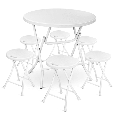 Magshion 7 Pieces 2.6 FT Folding Round Table and Chair Set, Indoor Outdoor Party Plastic Desk and Foldable Stools with Steel Frame, White