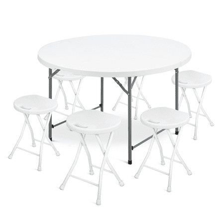 Magshion 7 Pieces 4 FT Folding Round Table and Chair Set, Banquet Event Wedding Card Desk with Handle and Foldable Stools with Steel Frame, White