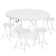 Magshion 7 Pieces 5 FT Folding Round Table and Chair Set, Banquet Event Wedding Card Desk with Handle and Foldable Stools with Footrest, White