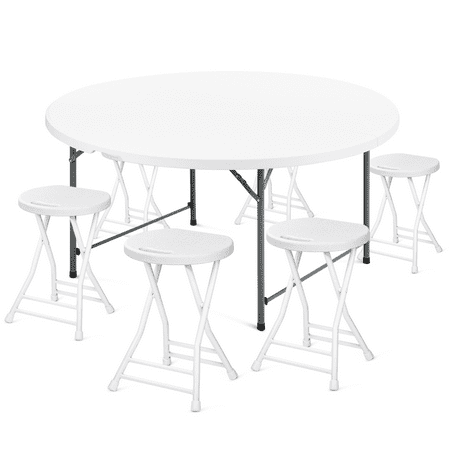Magshion 7 Pieces 5 FT Folding Round Table and Chair Set, Banquet Event Wedding Card Table with Handle and Portable Steel Stools, White