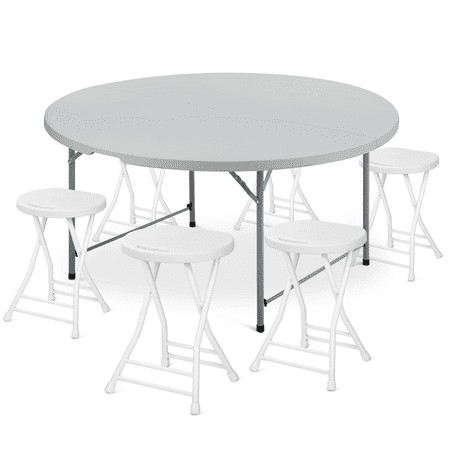 Magshion 7 Pieces 5 FT Folding Round Table and Chair Set, Event Card Desk with Handle and Foldable Stools with Steel Frame, Grey/White