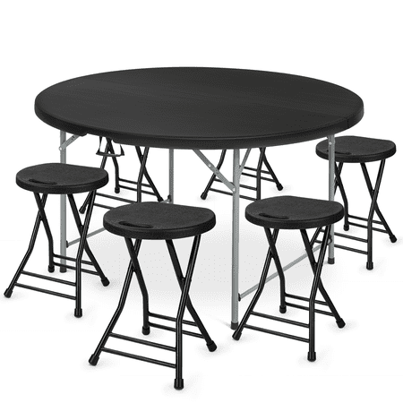 Magshion 7 Pieces 5 FT Folding Round Table and Chair Set, Event Party Card Desk with Handle and Foldable Stools with Steel Frame, Black