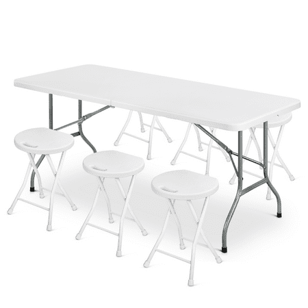 Magshion 7 Pieces 6 FT Folding Table and Chairs Set, Indoor Outdoor Picnic Desk with Lock and Foldable Stools for Camping Garden, White