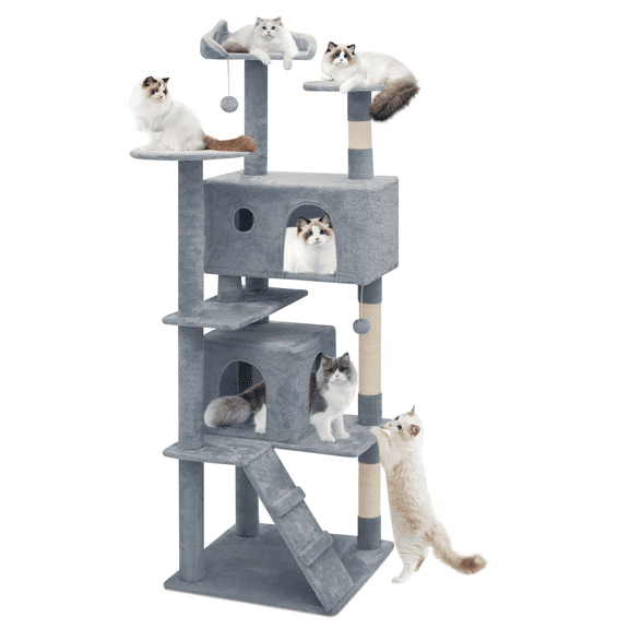Magshion 70-in Cat Tree & Kittens Play House, Multi-Level Plush Cat Condo for Indoor Cats, Light Gray