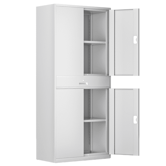 Magshion 71" Metal Garage Storage Cabinet with Locking Doors & Drawer, Adjustable Shelves for Home, Office, White