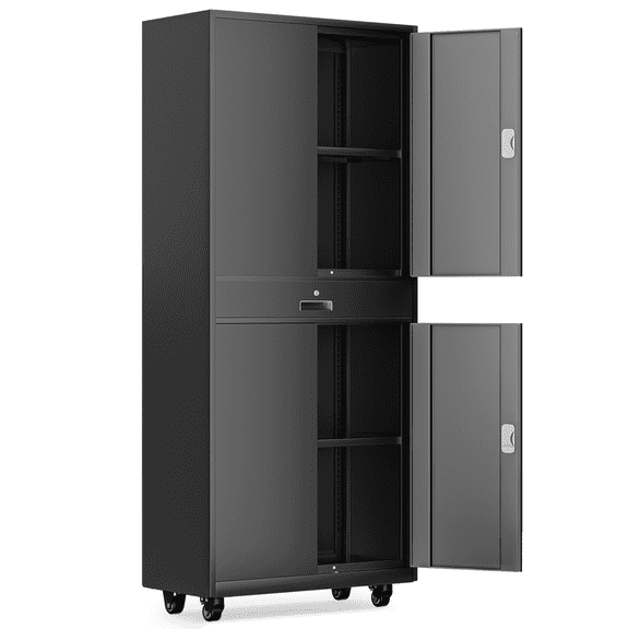 Magshion 73" Metal Garage Storage Cabinet with Locking Doors & Drawer, Adjustable Shelves for Home, Office, Black