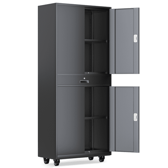 Magshion 73" Metal Garage Storage Cabinet with Locking Doors & Drawer, Adjustable Shelves for Home, Office, Grey Black