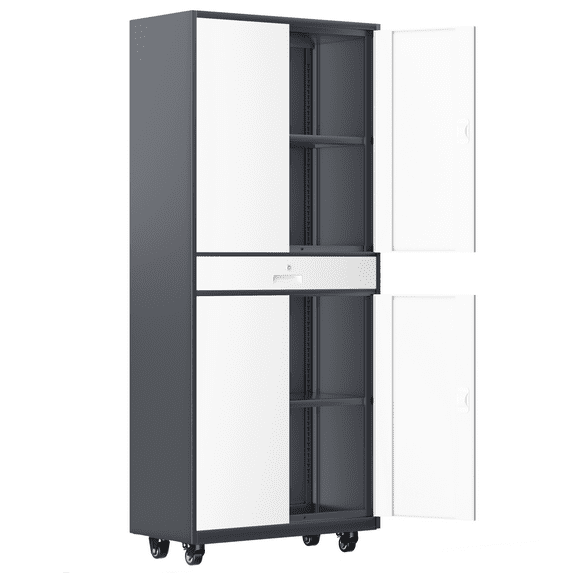 Magshion 73" Metal Garage Storage Cabinet with Locking Doors & Drawer, Adjustable Shelves for Home, Office, Grey White