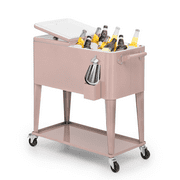 Magshion 80 Quart Rolling Cooler Ice Chest, Portable Bar Cold Drink Beverage Cart Tub, Backyard Cooler Trolley on Wheels with Ice Scoop, Catch Tray & Bottle Opener, Pink