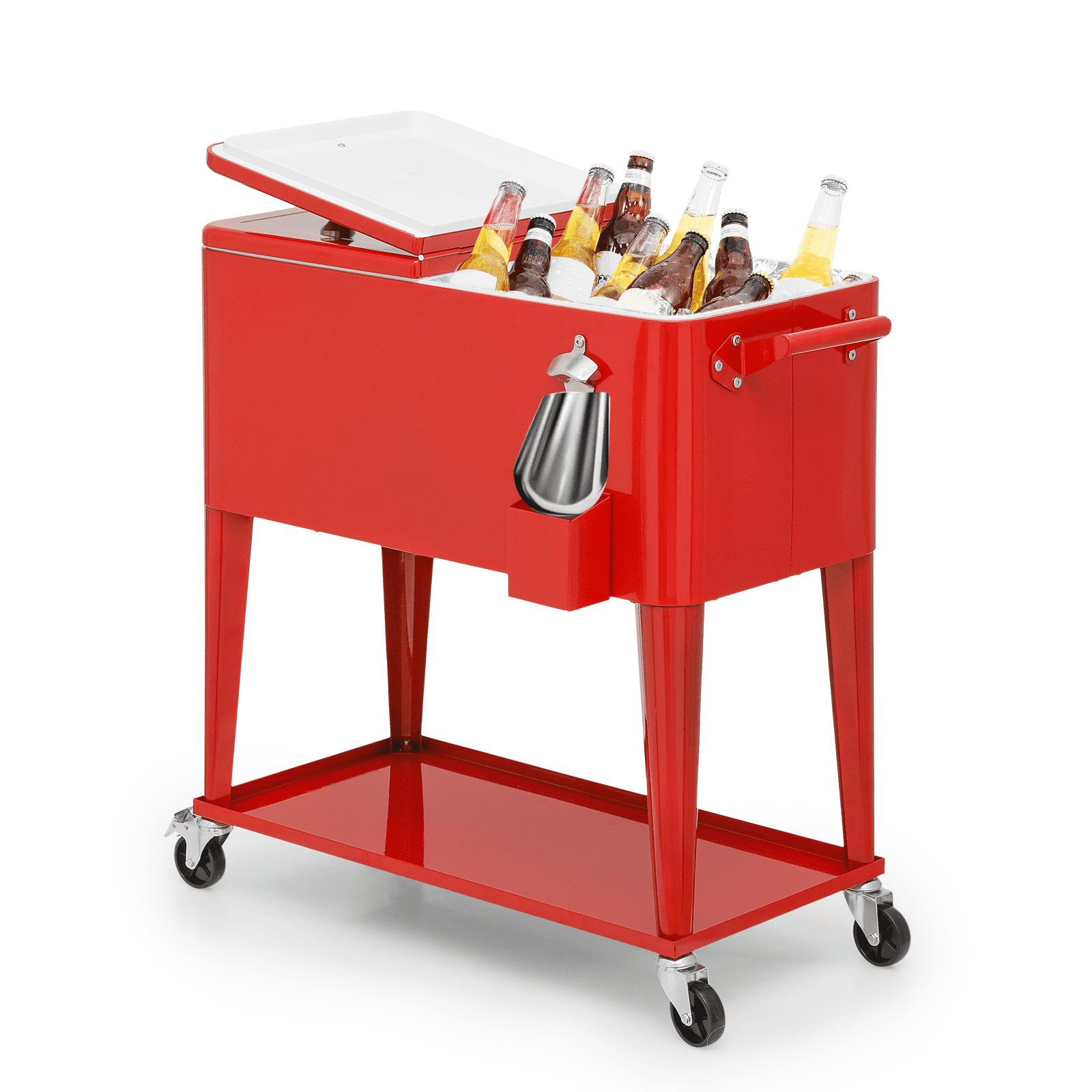 Red Steel 80 Quart Rolling Cooler Cart with Bottle Opener