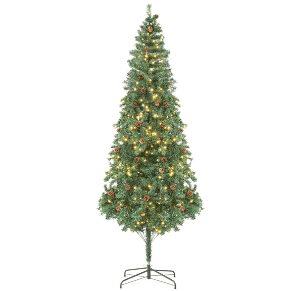 Magshion 8FT Artificial Christmas Tree with 1250 PVC Branches, 500 Warm White LED Light and 81 Pine Cones for Home, Office Xmas Party, Green