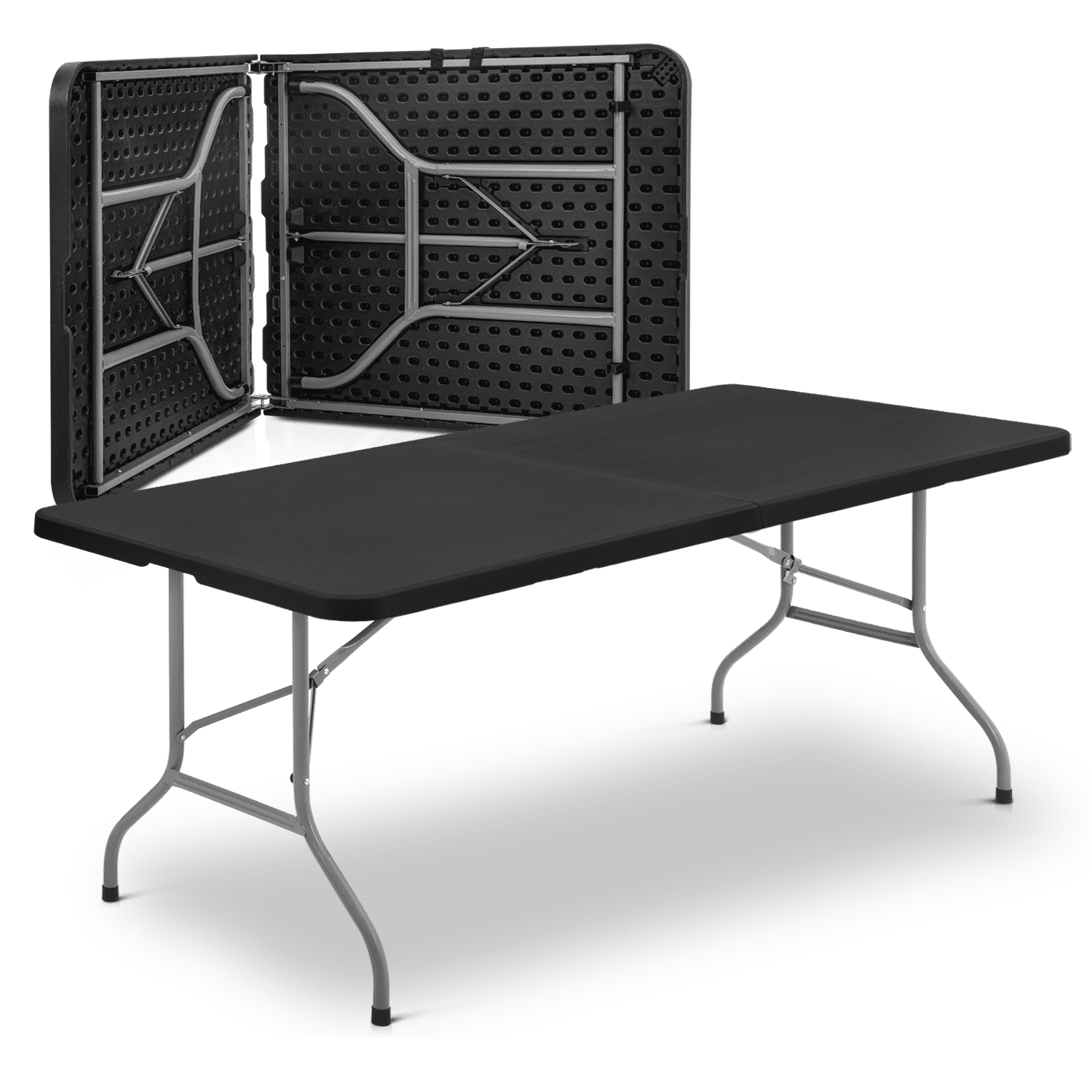 8ft Black Plastic Folding Table with Steel Legs and Handle