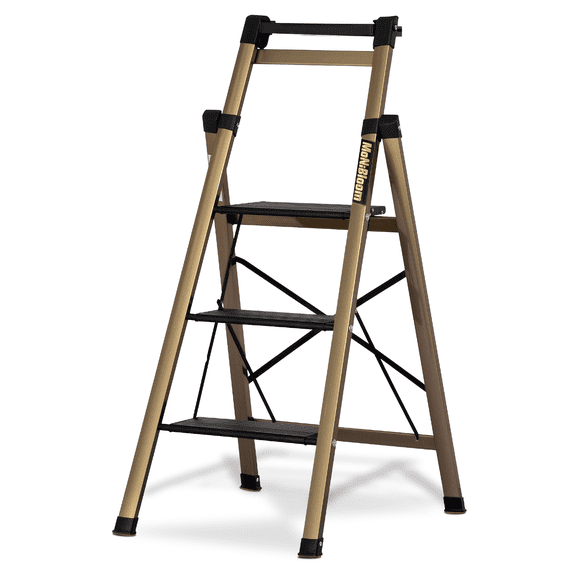 Magshion Aluminum Alloy 3 Step Ladder With Tool Tray, Foldable Stool with Wide Pedal for Home Improvement, Black/Gold