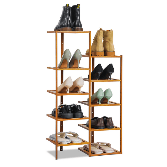 Magshion Bamboo 10 Tiers 10 Pairs Shoes Rack, Boots Storage Stand, Brown, for Entryway