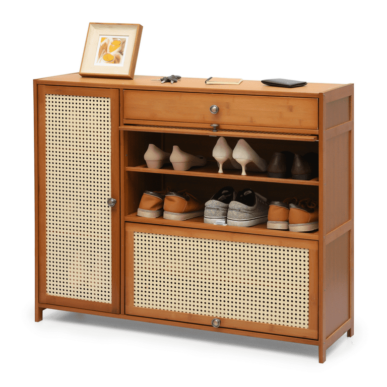 Natural Rattan Shoe Cabinet, 5-Tier Shoe Rack Storage Organizer with Doors,  Metal Legs, Entryway Shoe Cabinet for Modern Heels, Boots, Entrance Hallway  