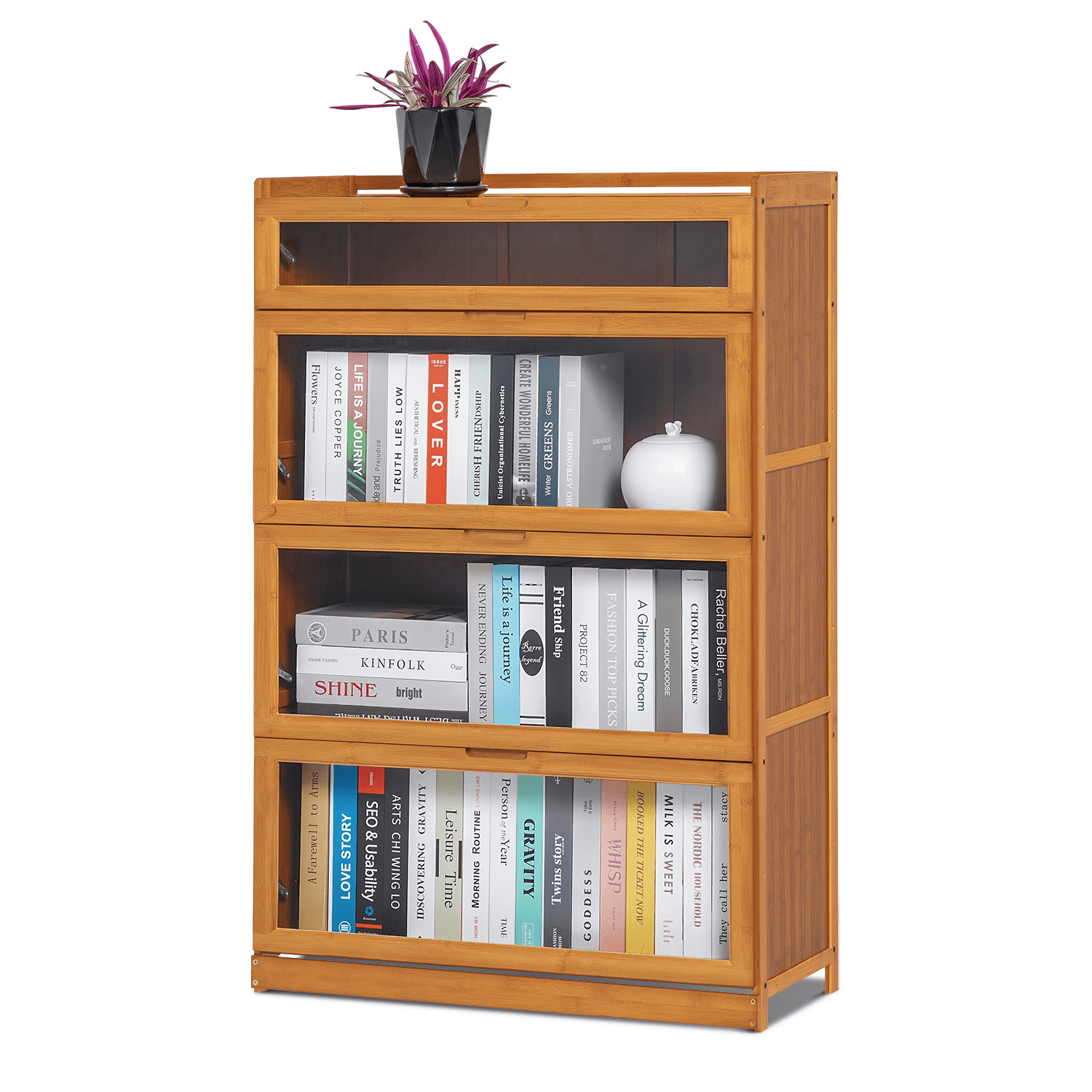 Magshion 4 Tiers Bamboo Bookcase with Acrylic Doors, Display Storage
