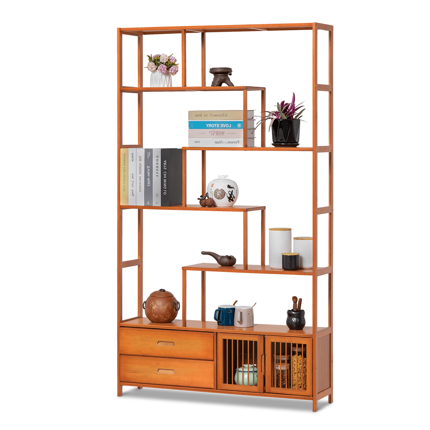 Magshion Bamboo 5 Shelves Bookcase, Vintage Staggered Shelf Storage