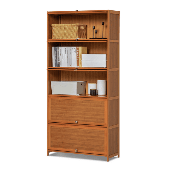 Magshion Bamboo 5 Tiers Tall Bookcase with Door, Books Storage Shelf, Brown, for Home