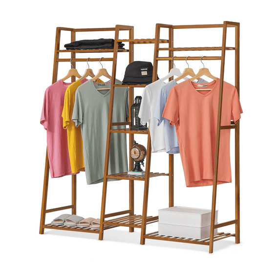 Magshion Bamboo 5 Tiers Trapezoid Coat Rack, Closet Organizer Wardrobe, Hanging Rod, Brown, for Bedroom