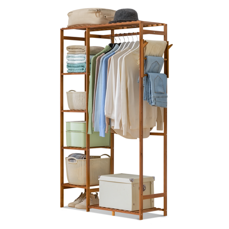 Magshion Bamboo 6 Tiers Coat Pants Rack, Hanging Rod Closet Organizer Wardrobe, Brown, for Home