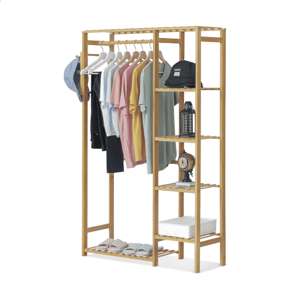 Magshion Bamboo 6 Tiers Coat Pants Rack, Modern Hat Hooks Closet Organizer Wardrobe, Natural, for Home