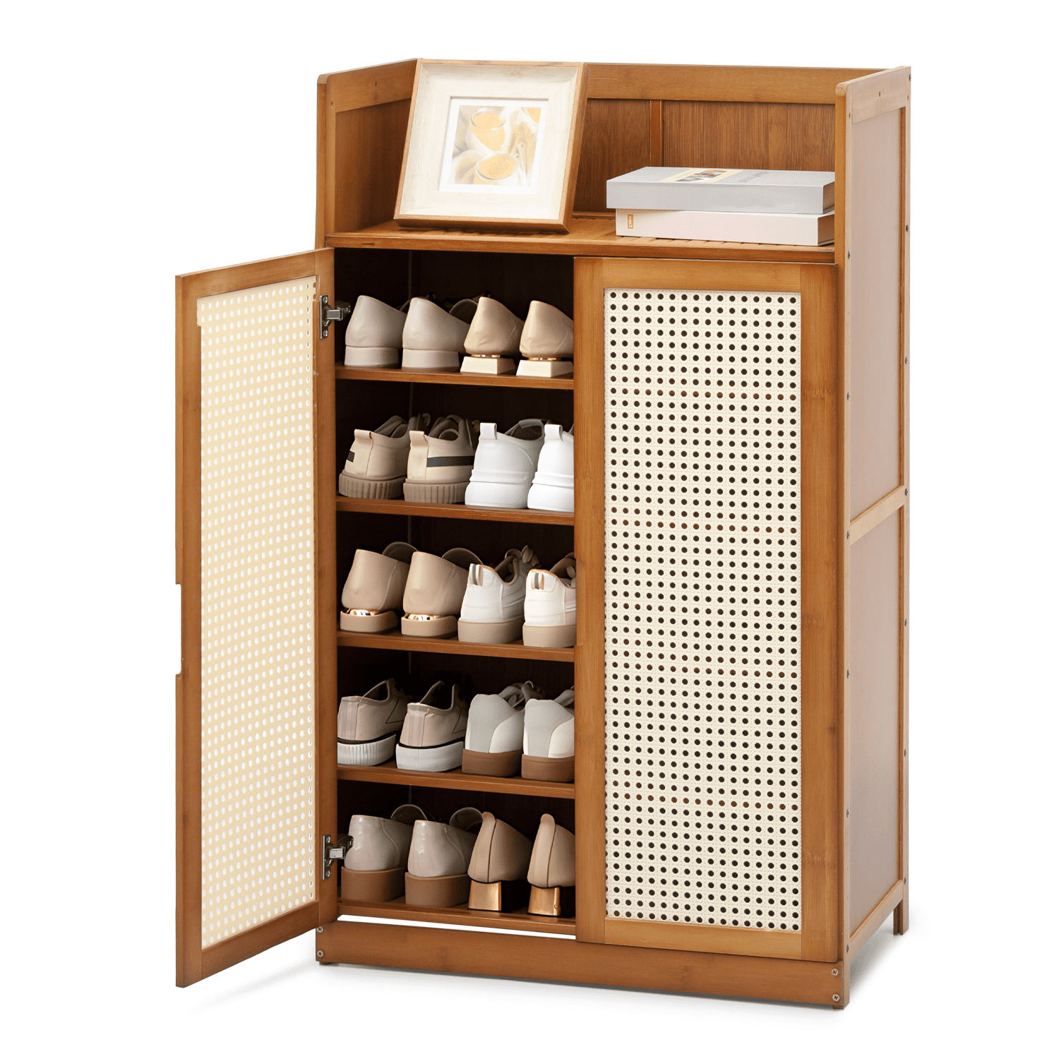 Magshion Bamboo 6-Tiers Shoe Cabinet, 20 Pairs Heels Sneakers Storage Cabinet with ABS Rattan Doors, Shoe Rack Organizer Holder with Countertop and Shelves, Brown