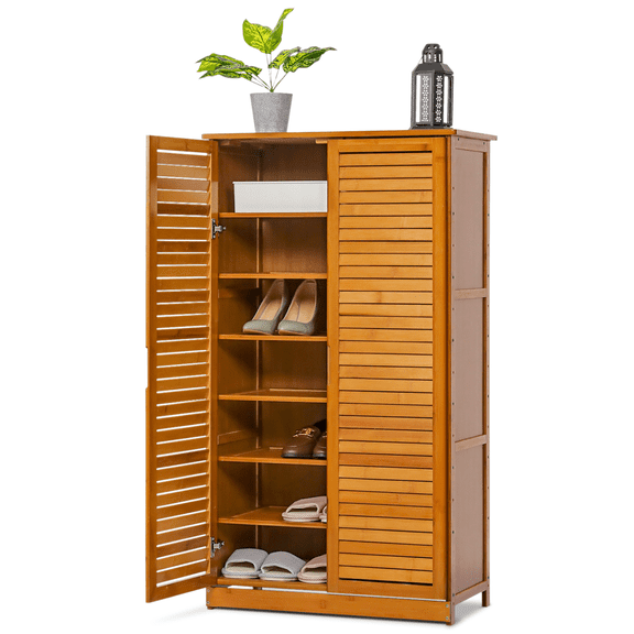 Magshion Bamboo 7 Tiers 21 Pairs Shoes Rack with Door, Storage Cabinet, Brown, for Entryway