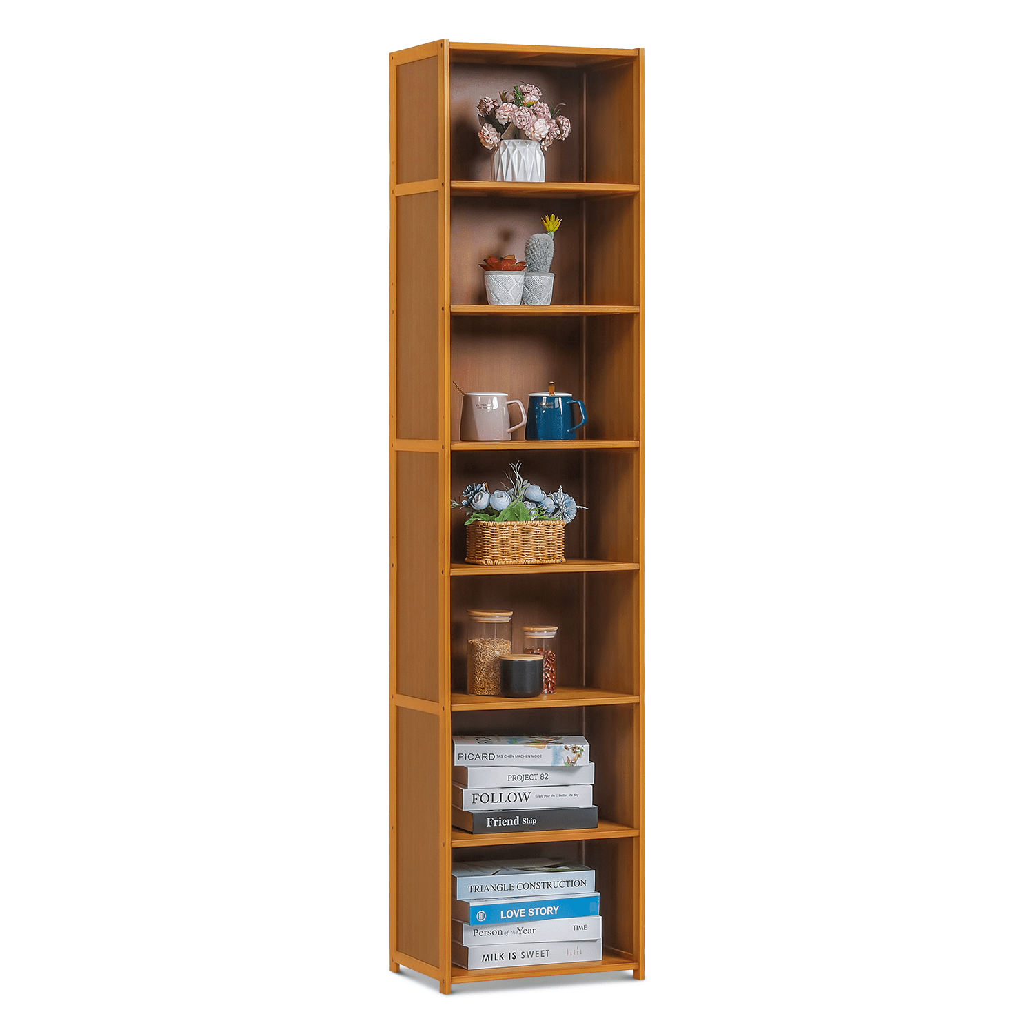 Tall Brown Bamboo 7-Shelf Adjustable Corner Bookcase
