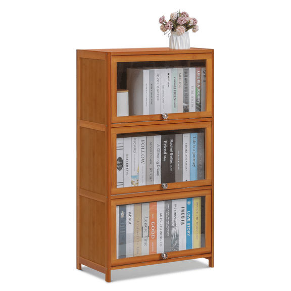 Magshion Bamboo/Acrylic 3 Shelves Bookshelf, with Transparent Door Bookcase, Brown, for Home